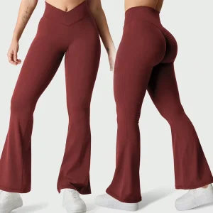 Custom Women’s High Waist Crossover Flared Yoga Pants Butt Lifting Squat Proof Nylon Spandex Workout Gym Leggings