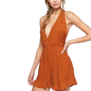 Custom Women’s High Waist Polka Dot Print Halter Romper Deep V Neck Tie Back Breathable Beach Party Sexy Play Suit