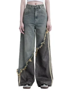 Custom Women’s Jeans Asymmetric Ripped Frayed Patchwork Side Stripe Tape Rivet Embellished Vintage Washed Denim Pants