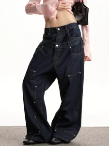 Custom Women’s Jeans Pants Double Layer Waist Carpenter Baggy Jeans for Women Raw Selvedge Denim Jeans
