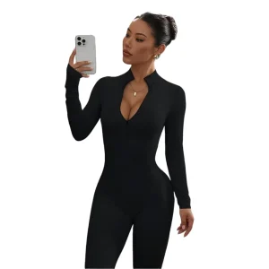 Custom Women’s Jumpsuit Zip Front Spaghetti Strap Mock Neck Long Sleeve Ribbed Seamless Spandex/Nylon Bodycon Romper