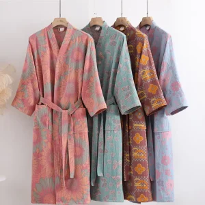 Custom Women’s Kimono Collar Comfortable Seersucker Printed Gauze Cotton Bathrobe Family Shower Robe Femme