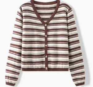 Custom Women’s Knitwear Fashionable Striped Blended Wool Color Block V Neck Cardigan OEM ODM Customization Services