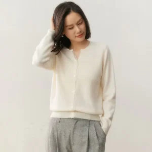 Custom Women’s Lace Trimmed Cashmere Cardigan Classical Round Neck Button Down Front Knitted Wool Sweaters For Spring Autumn