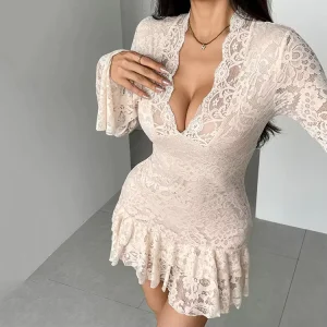 Custom Women’s Lace V Neck Double Layer Ruffled Fitted Dress