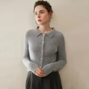 Custom Women’s Lapel 100% Cashmere Cardigan Polo Collar Loose Single Breasted Long sleeved Knit Cashmere Sweater Winter