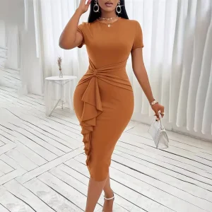 Custom Women’s Light Blue Short Sleeve Round Neck Ruffle Bodycon Midi Dress Back Slit Slim Casual Elegant Work Party Dress