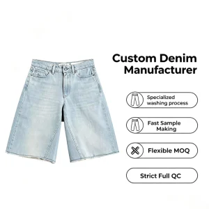 Custom Women’s Light Blue Vintage Washed Denim Shorts Casual High-Waist Frayed Hem Wide Leg Straight Jorts OEM ODM Service