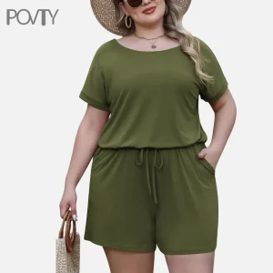 Custom Women’s Loose Jumpsuit Romper Plus Size Summer Short Playsuit with Elastic Waist Stretchy Solid Pattern Pockets