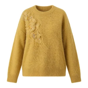 Custom Women’s Mohair Crew-Neck Anti-Wrinkle Lace Knit Sweater 3D Floral Embellishment 7GG Standard Thickness Retro Preppy Style