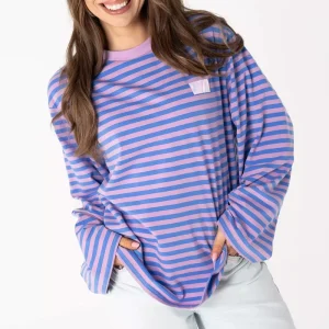 Custom Women’s Oversized Striped Cotton Shirt Blue Lilac Relaxed Fit Loose Long Sleeve Top OEM ODM by China Clothing Factory