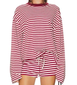 Custom Women’s Oversized Striped Loungewear Set Long Sleeve Crew Neck Shirt Drawstring Shorts Sustainable Spandex Cotton