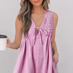 Custom Women’s Pleated V-neck Sleeveless Mineral Washable Denim Romper