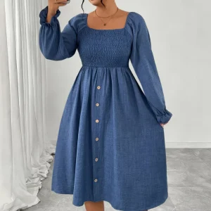 Custom Women’s Plus Size Maxi Dress Long Sleeve Square Neck Casual Smocked Ruffle Swing Flowy Fall Button Detail Natural Waist