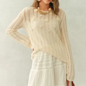 Custom Women’s Pointelle Knit Sweater Flower Appliques Long Sleeve Pullover Loose Boho Tops