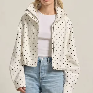 Custom Women’s Polka Dot Stand Collar Jacket with Drawstring and Pockets