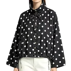 Custom Women’s Polka Dot Stand Collar Jacket with Drawstring and Pockets