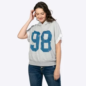 Custom Women’s Printed Hooded Top Short Sleeve Lace Patchwork Distressed Casual Sweatshirt Manufacturer