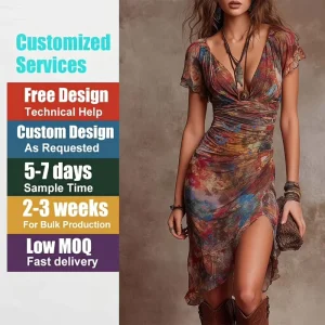 Custom Women’s Printed V Neck Waist Cinching Slim Fit Slit Women’s Dress