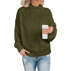 Custom Women’s Pullover Sweater Long Sleeves Solid Color Knitwear Wool Blend Cable Knit Thick Winter High Neck Sweater for Women