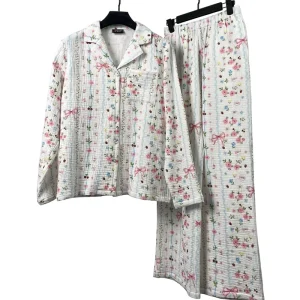 Custom Women’s Pyjama Sets Lightweight 2 Piece Plaid Print Cotton Pleated Gauze Deep Pajamas Set for Women