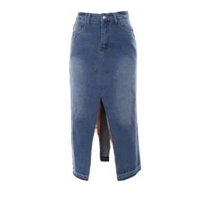 Custom Women’s Retro Style Denim Blue Jean Skirts Summer Autumn Straight Washed Midi Long Casual High Slit Hem Fashion Waist