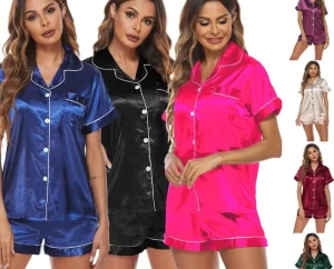 Custom Women’s Short Sleeve Pajamas Set Casual Loungewear Solid Color 2 Piece Sleepwear Above Knee Length Lapel Short