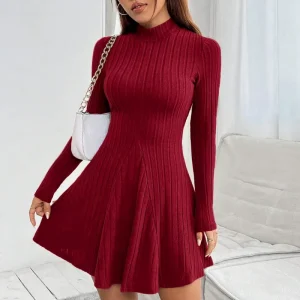 Custom Women’s Slim Fit Half High Collar Waist A Line Dress Long Sleeve Dress