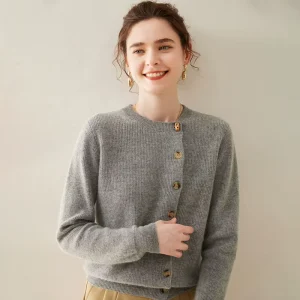 Custom Women’s Solid Color Cashmere Cardigan Korean Style Casual Versatile Round Neck Single Breasted Cashmere Sweater Outerwear