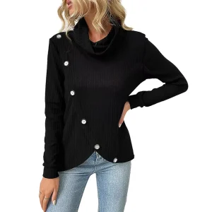Custom Women’s Solid Color Chunky Button Pullover Sweater Turtle Cowl Neck Asymmetric Hem Knit Sweater