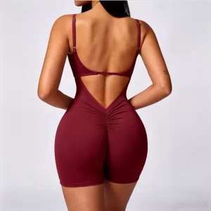 Custom Women’s Sports Bodysuits Jumpsuits Breathable Spandex Bodycon Shorts Mock Neck Backless Scrunch Butt Romper Tummy Control