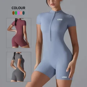Custom Women’s Sports Bodysuits Jumpsuits Four Way Stretch Sweat Wicking Short Sleeve Fitness Top Romper Half Zip One Piece Yoga