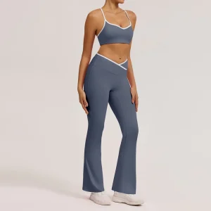 Custom Women’s Sportswear Front Crossover Contrast White Line High Waist Flare Leggings Yoga Sports Bra Activewear Set for Women