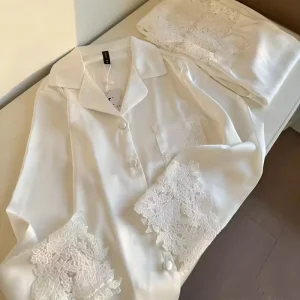 Custom Women’s Spring Loungewear Set Long Sleeve Ice Silk Sleepwear with Lace Trim High End Satin Touch Satin Pajamas Set Women