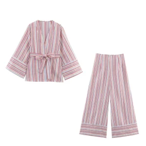 Custom Women’s Striped Shirt and Trousers Set Casual Office Two Piece Outfit Vintage 2 Piece Sets