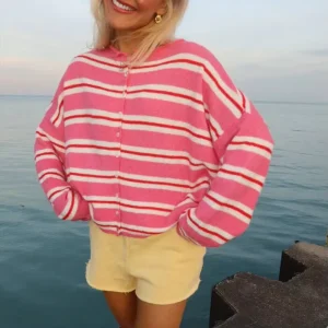 Custom Women’s Striped Soft Knit Cardigan Crew Neck Button up Loose Fit Casual Knitwear Manufacturer