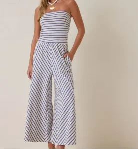 Custom Women’s Striped Strapless Jumpsuit Tube Top Wide Leg Chevron Stripe Romper with Pockets Manufacturer