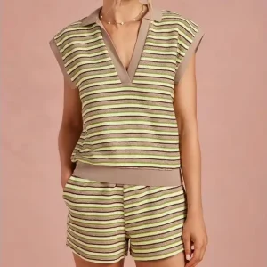 Custom Women’s Striped Textured Knit Two Piece Set V Neck Sleeveless Polo Top Pull on Shorts Casual Outfit Manufacturer