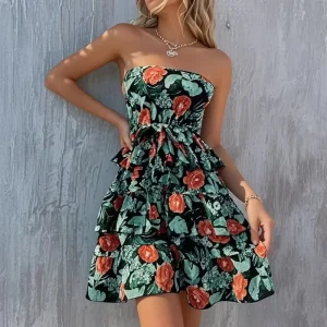 Custom Women’s Summer French Fashion Floral Print Off the Shoulder Dress Waist Slip Elegant Ruffles A Line Mini Dress