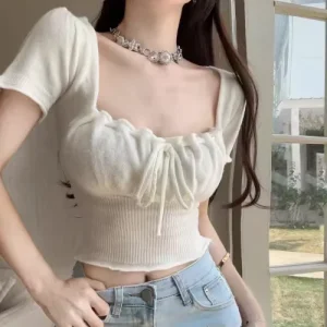 Custom Women’s Summer Knitted T-Shirt Square Neck Short Navel Top with Front & Back Logo Casual Hollow Decoration Sweater