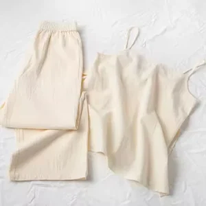 Custom Women’s Summer Loungewear Set Soft Cotton Home Lazy Style Camisole Tops and Baggy Pant Suit Knitted Fabric