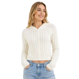 Custom Women’s Sweater Short Solid Ivory Fluffy Zipper Cardigan Autumn Winter Casual OEM ODM Knitted Knitwear