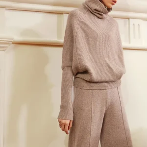 Custom Women’s Sweaters Sets Knitted Turtleneck Female Cashmere Wool Sweater 2 Piece Wide Leg Pants Knitwear Sets for Women