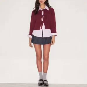 Custom Women’s Tie Front Bow Cardigan New Solid Color Crew Neck Knit Sweater Fall Winter Casual Office Wear
