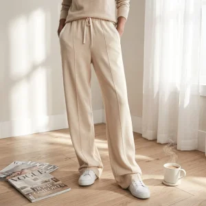 Custom Women’s Trousers Beige Cotton Linen Knitted Formal Comfortable High Waist Straight Drawstring Side Striped Pants