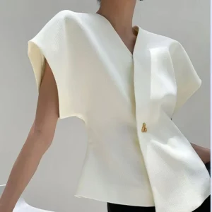 Custom Women’s V Neck Casual Tops Blouse White Single Button Short Sleeve Breathable Woven Solid for Spring Autumn