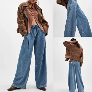 Custom Women’s Vintage Acid Wash Y2K Cotton Denim Baggy Fit Jeans Super Wide Leg Embroidered Patch Mid Waist Loose