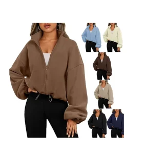 Custom Women’s Winter Sweat Hooded Jacket Long Sleeve Cotton Pullover Tops Short Cropped Zip Hoodie for Plus Size Girls