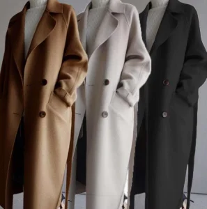 Custom Woolen Coat Women Double Breasted Belted Long Trench Overcoat