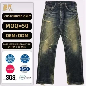 Custom Y2K Vintage Distressed Ripped 100% Cotton Wide Leg Streetwear Denim Jeans Acid Wash Breathable Eco Friendly OEM Factory